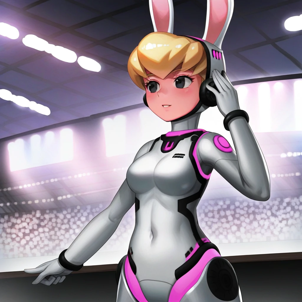 score_9, 2d, anime, luxury spa, (digital artwork), high quality, beautiful, detailed, stadium, stage, crowd, neon lights, ((solo)), buffy-sugo, (white body), robot, robot joints, white helmet, short hair, blonde hair, black eyes, rabbit ears, (pink glowing elements:1.2), standing, hand on ear, pointing forward, singing