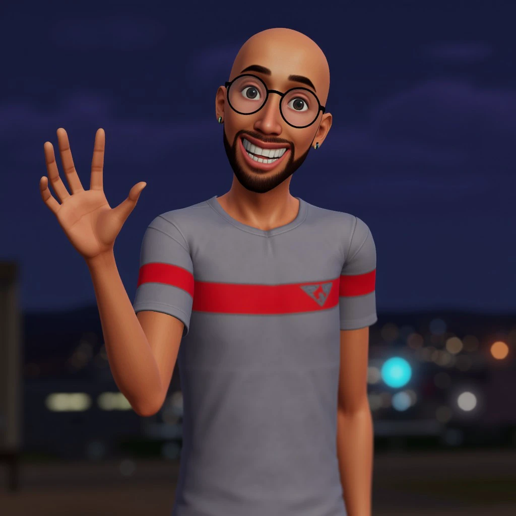 ts3style,portrait,smile,neon,night city,posing,fun,1boy,tanned skin,bald,beard stubble, black eyes,grey t-shirt with red stripe,jeans,round glasses,single earring