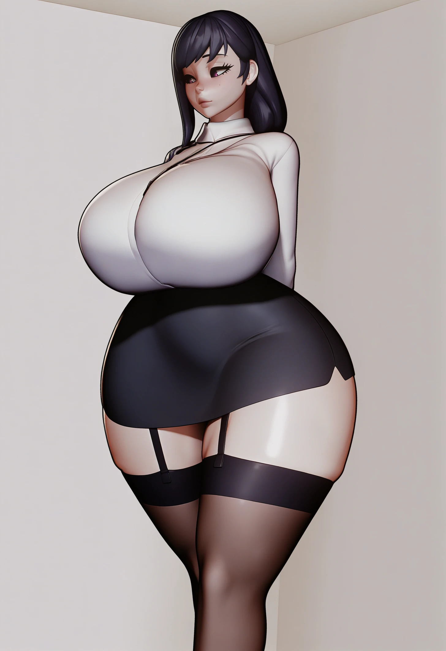 1girl,gigantic breasts, wide hips,thick thighs,narrow waist,office lady, white shirt,pencil skirt,thighhighs,garter straps, 
masterpiece, best quality
  <lora:rushzilla-koto-illustrious :1> rushzilla