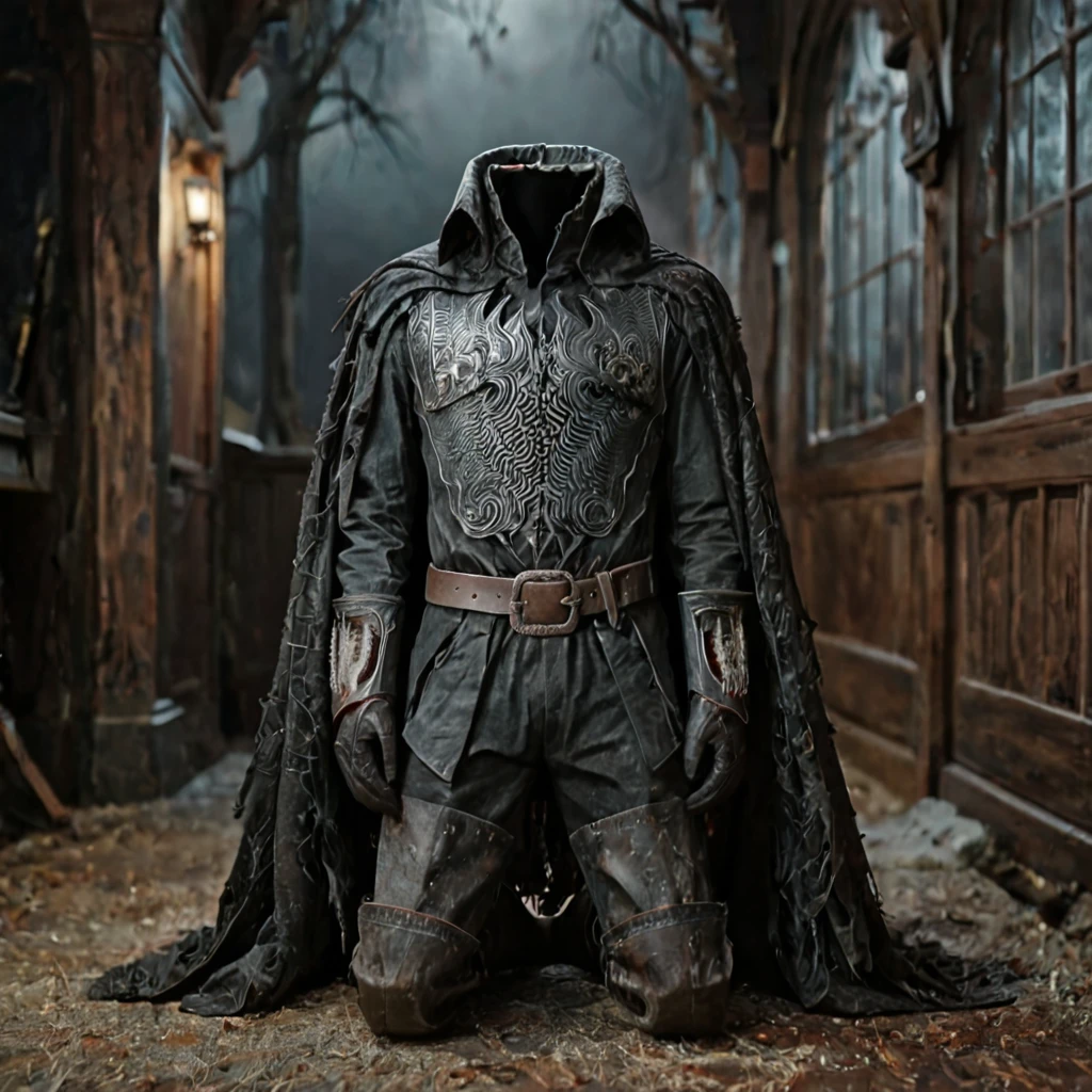 , score_9, score_8_up, score_7_up, intricate details, , dark setting,sleepy hollow, 
<lora:headless_horseman:.7> horseman, armor, gauntlets, (headless:1.2), belt, boots, cape, dark, random pose, kneeling, headless horseman, 
depth of field, detailed background,
<lora:ral-chrosc-clr:0.5>, ral-chrosc-clr,
<lora:xl_more_art-full_v1:0.3>,
<lora:add-detail-xl:0.3>