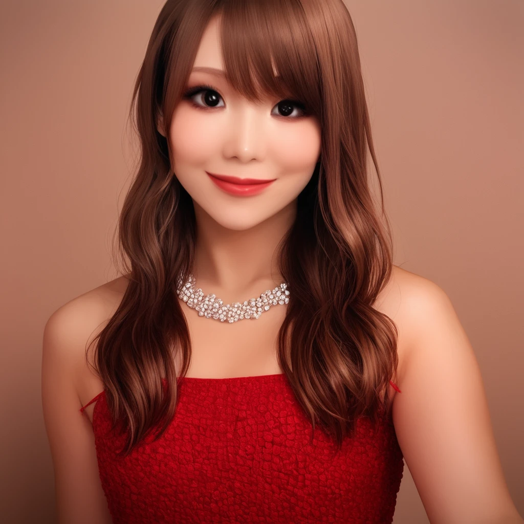 masterpiece,  best quality,   <lora:Pony_Kairi_Sane:1>,k@iri$ane, 1girl, solo, brown hair,, long hair, dress, looking at viewer, red dress, smile, upper body, realistic, pearl necklace, lips, black eyes, bare shoulders, bangs