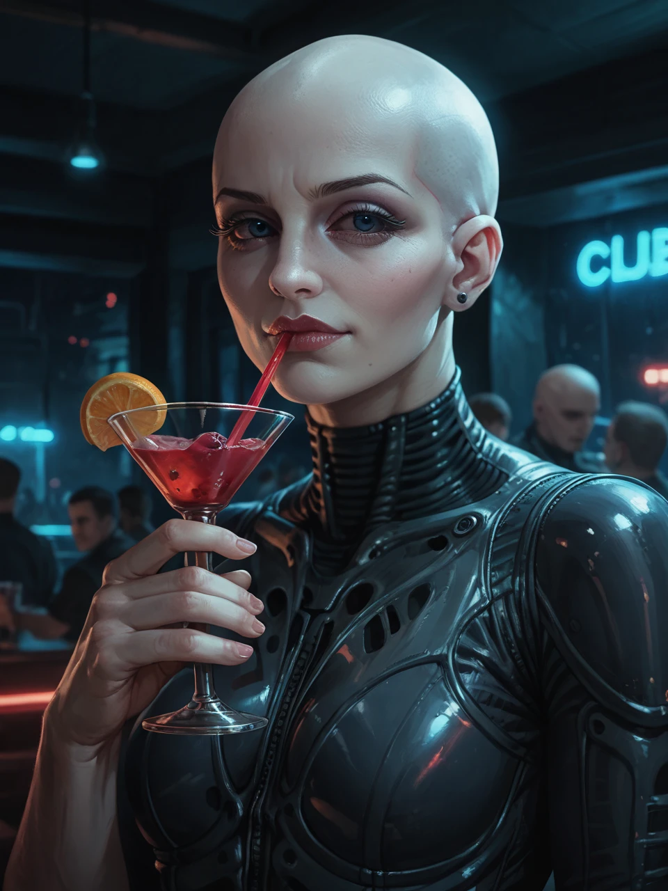 score_9, score_8_up, score_7_up, score_6_up, 3n61n33r, female, seductive, flirting, bodysuit, pale skin, black sclera, bald, night club, holding cocktail, half body portrait, depth of field, blue and red colors, cinematic lighting, aesthetic