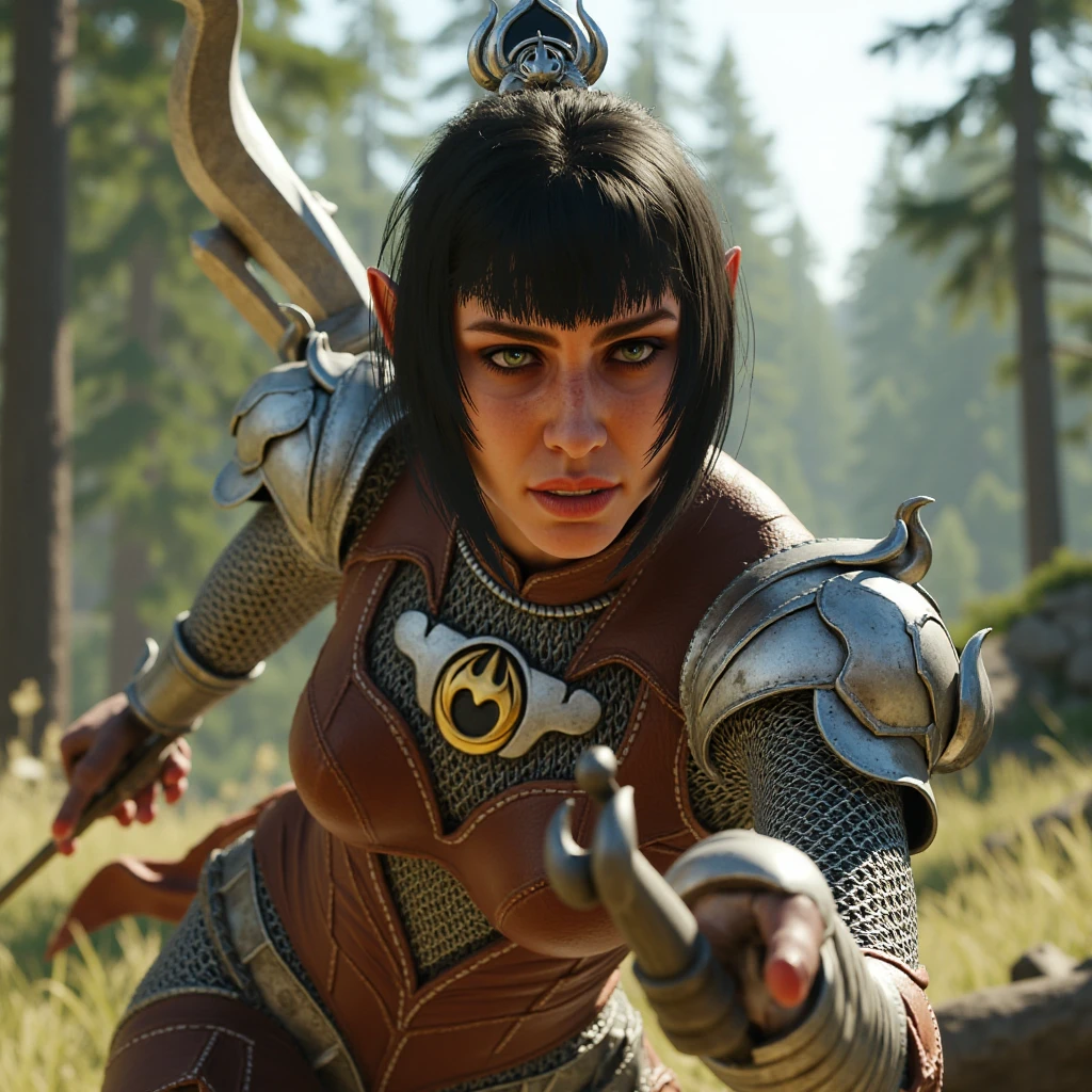 Full body shot of a female character with choppy dark hair, wearing a silver circlet with a black gemstone, in a dynamic action pose. She lunges forward, one hand extended as though casting a spell, while the other grips a staff, ready for combat. Her leather and silver armor, featuring a sunburst chest design and sharp, wing-like pauldrons, reflects the sunlight, highlighting the intricate metalwork and chainmail on her arms. The background is an open forest clearing bathed in bright daylight, creating a contrast with her focused, determined expression and powerful stance