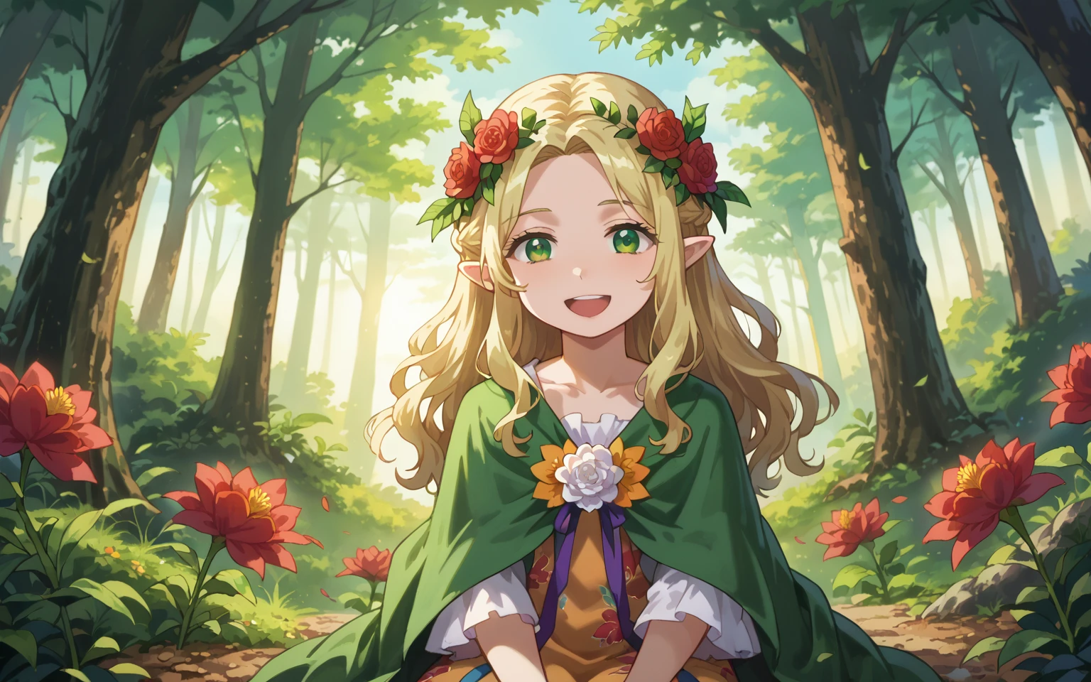 score_9, score_8_up, score_7_up,source_anime,BREAK, (masterpiece, best quality), beautiful,  anime visual,  2d,  hyperdetailed, hakum1ko, 1girl, beautiful,  long hair, bangs, blonde hair, nature, scenery, light smile, sitting, sunset, sky,  floral print, floral crown, flower, (bloom, shiny), flower girl, looking at viewer, smile, laughing, floating hair, falling leaves, fantasy, elf, wavy hair, green eyes, 1girl,  game character concept,  jrpg,  800mm lens,  off shoulder, cloak, half updo, sharp focus, dress, depth of field,  volumetric lighting,  (stylish),  purple eyes,  (pinup:0.5),  multicolored theme,  forest, upper body, portrait,  volumetric lighting,  , (extremely detailed background:1.4)