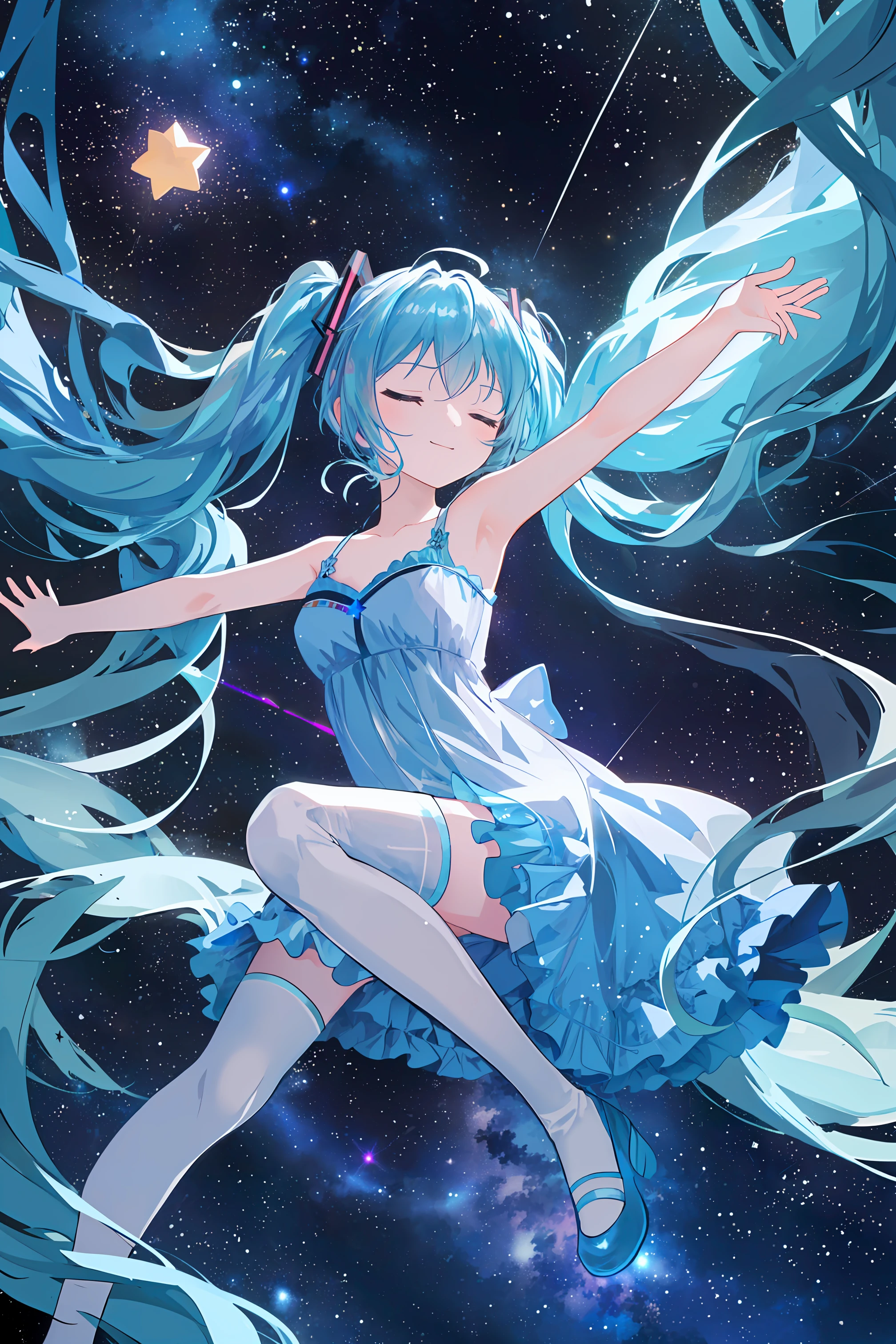 1girl,
hatsune miku,
solo,full body,fantasy,dreamlike,night,a dreamy scene,alternate costume,closed eyes,starry sky,dress,own hands together,star \(sky\),holding,very long hair,praying,twintails,own hands clasped,outstretched arms,profile,light particles,night sky,frills,floating,thighhighs,star \(symbol\),hugging object,space,light blue hair,long hair,light smile,hair ornament,floating hair,sky,frilled dress,blue hair,
,<lora:chuyin-000022:0.8>