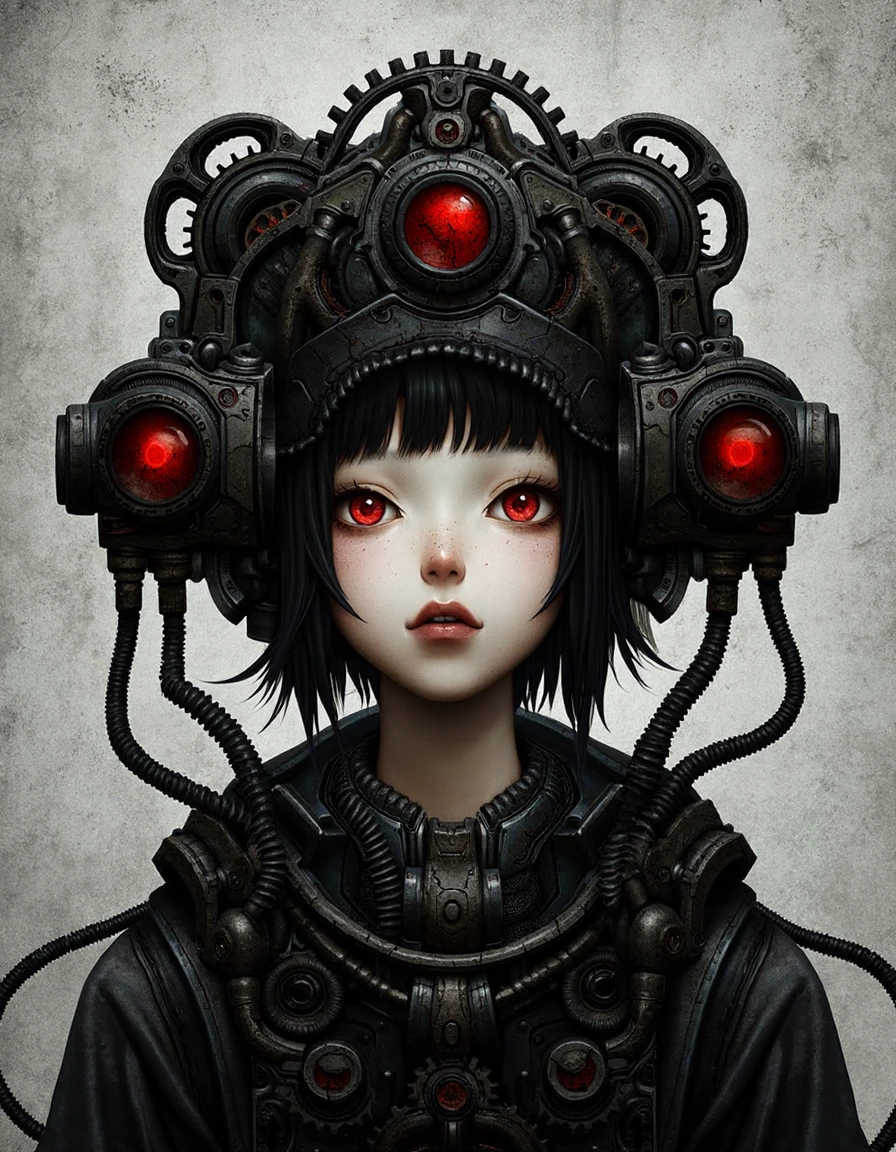 digital artwork in a dark, cyberpunk style. The central figure is a young, androgynous character with pale skin, red eyes, and black hair. They are surrounded by intricate, mechanical gears and wires, resembling a steampunk aesthetic. The character's expression is neutral, and they wear a large, complex headpiece with multiple gears and a red orb. The background is a textured, monochromatic gray, adding to the industrial feel. The overall mood is intense and mysterious, with a strong focus on the interplay between organic and mechanical elements.
 <lora:shichigoro:1>