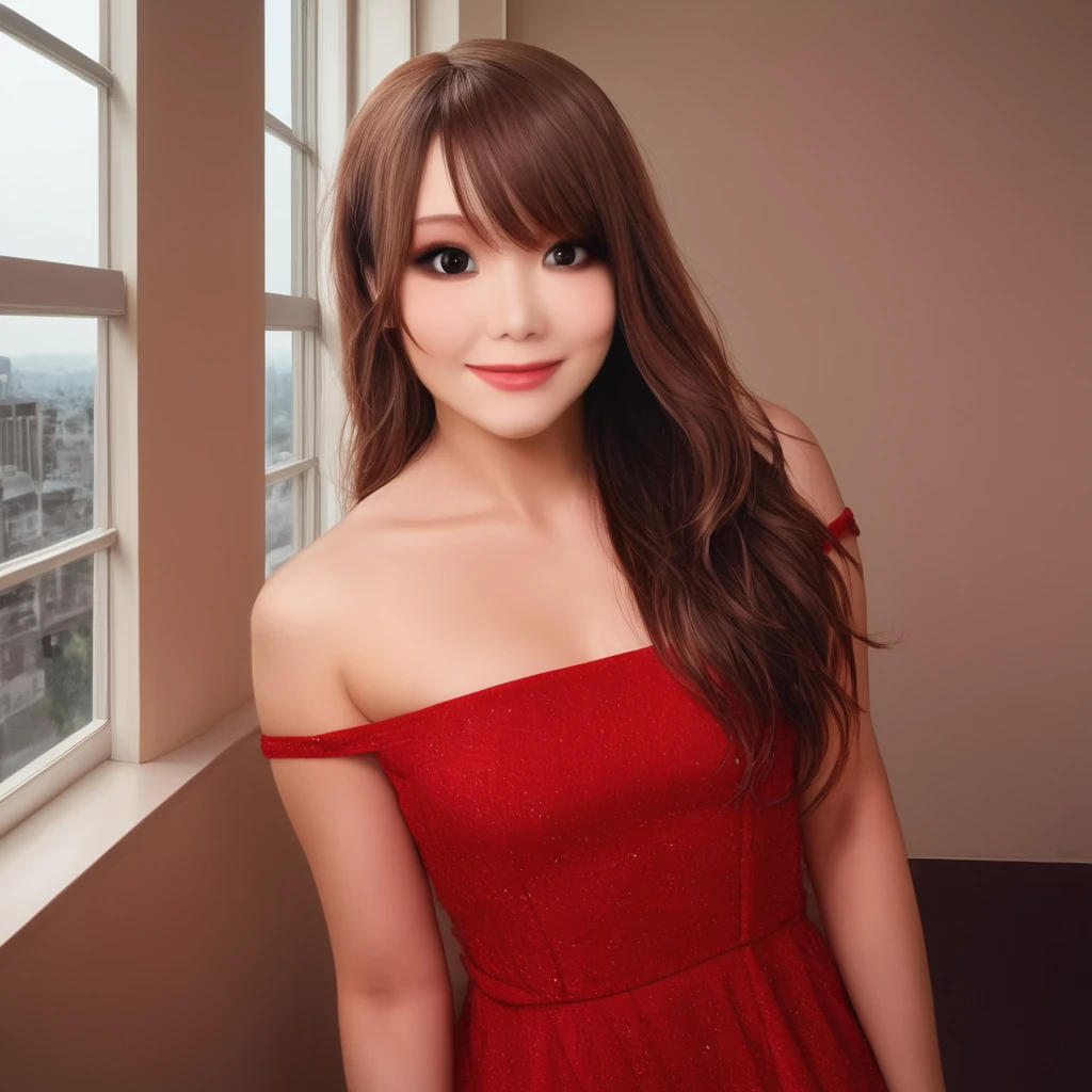 masterpiece,  best quality,   <lora:Pony_Kairi_Sane:1>,k@iri$ane, 1girl, solo, brown hair, long hair, dress, looking at viewer, red dress, smile, realistic,lips, black eyes, bare shoulders, bangs, indoors, window, day