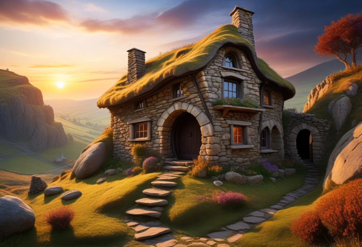 a stone house in a realistic style, blending into the environment, dug into the ground on a rock, in the foreground an evil wizard dusk,sunset,shadows,a sense of mysticism,bad magic,