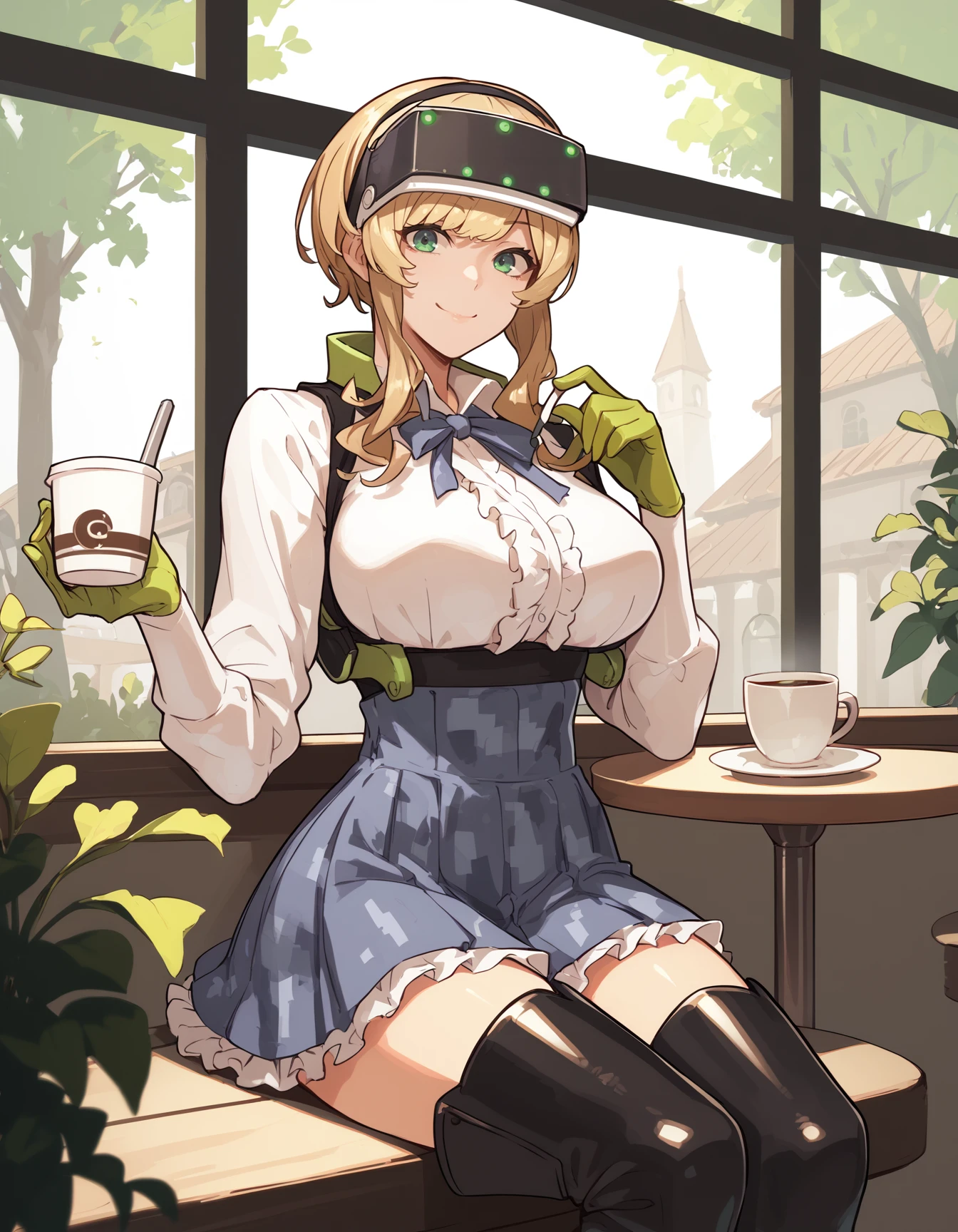 score_9, score_8_up, score_7_up, <lora:lyudmila-v5-ponyxl-000055:1> lyudmila, head-mounted display, digital camouflage, neck ribbon, long sleeves, underbust, gloves, high-waist skirt, thigh boots
1girl, solo, sitting, cafe, coffee, relaxed, smile, night