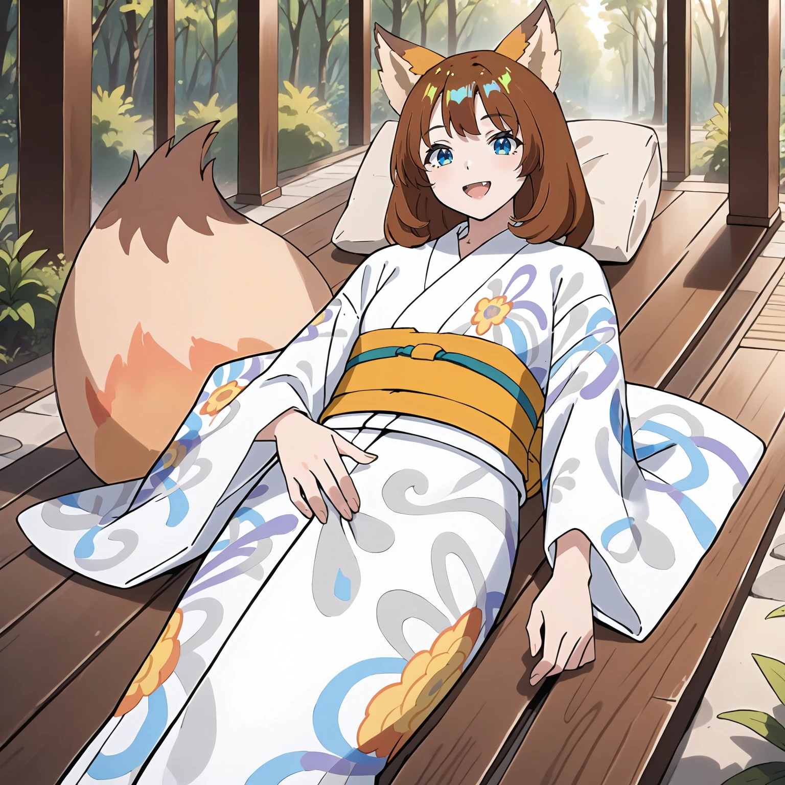 <lora:DG_Dongitsune5XLpony001>,
outdoors,nature,
smile,open mouth,
solo,
Dongitsune5,1girl,brown hair,fox ears,medium hair,blue eyes,
yukata,obi,
fox tail,
on back,lying,