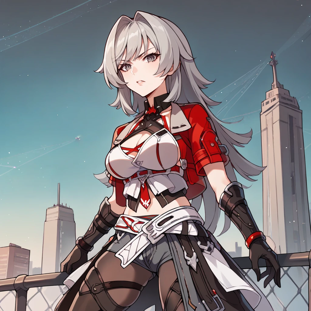 score_9_up, score_8_up, score_7_up, source_anime, 1girl, solo, cityscape, street view, jumping down from roof, from below, bend knee, foreshortening, determined, parted lips, looking at you, Helia, mature body, long hair, grey hair, white crop top, midriff, black pantyhose, short shorts, tattoo, black shorts, black skirt, jewelry, white skirt, grey eyes, two-tone skirt, open skirt, thigh boots, black footwear, grey shorts, black glove, asymmetrical sleeves, mismatched sleeves, white sleeve, single long sleeve, short sleeves, red sleeves, legwear under shorts, necktie, layered sleeves, red jacket, cropped jacket, black collar, cleavage cutout, halterneck, red strap, white belt, underbust, dynamic cowboy shot,