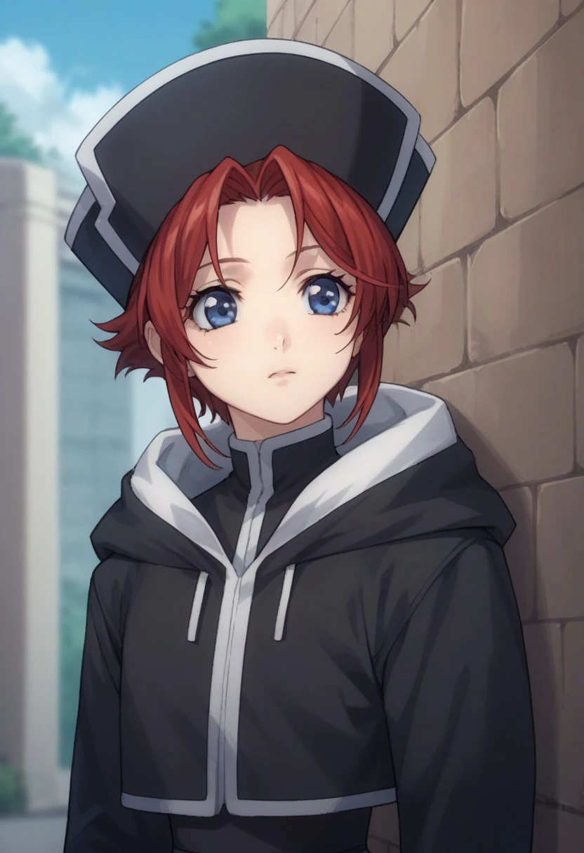 score_9, score_8_up, score_7_up, source_anime, highly detailed, 
esther, 1girl solo, red hair, short hair, blue eyes, hat, black headwear, jacket, black jacket, cropped jacket, long sleeves, hood, shirt, black shirt, 
outdoor,