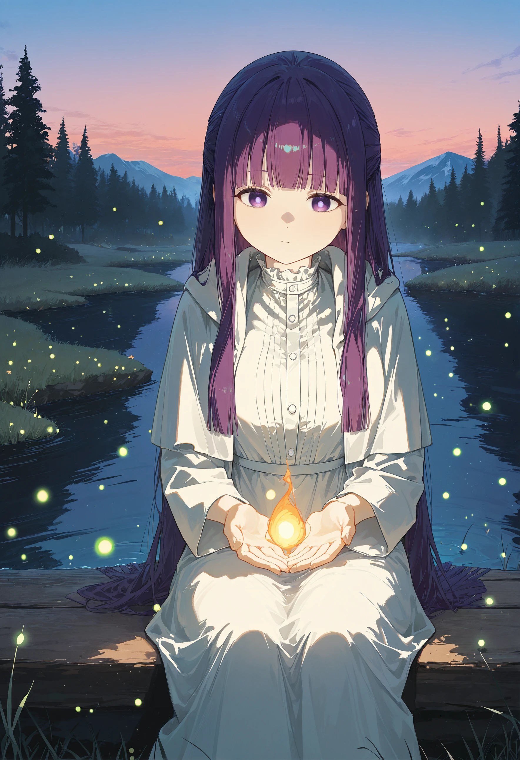 dino_(dinoartforame),Fern (/souso no frieren/),(artist:sofra:0.5), seated by a quiet mountain stream, thoughtful expression, soft moonlight casting a cool glow, mist rising from the water, fireflies drifting gently, twilight sky with fading stars, tranquil and mystical atmosphere, earthy and natural aesthetic, gentle forest breeze, shimmering reflections on the water, soft shadows cast by nearby trees, calm and meditative setting, peaceful and harmonious blend of night and dawn, serene stillness