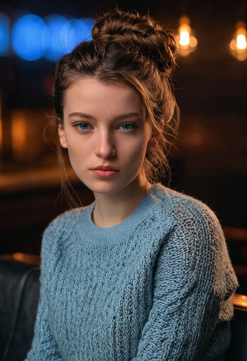 fashion photography, A (upper body focus) photograph of(1girl, 21 years old, slight smile, <lora:ZH_MissBoArblic_v1SDXL:1>, zh_missboabrlic, solo, long hair, realistic, brown hair, looking at viewer, lips, blue eyes) wearing (tight sweater, denim jeans), hair updo, (sitting in a dark night club, smoky atmosphere), head tilt,