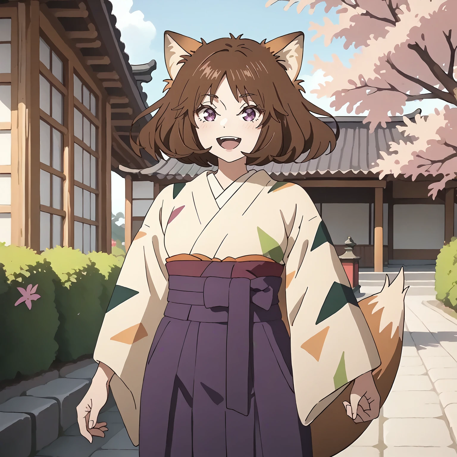 <lora:DG_Dongitsune2XLpony001>,
outdoors,
smile,open mouth,
solo,
Dongitsune2,1girl,brown hair,medium hair,fox_ears,purple eyes,
japanese clothes,
purple hakama,
fox tail,
standing,