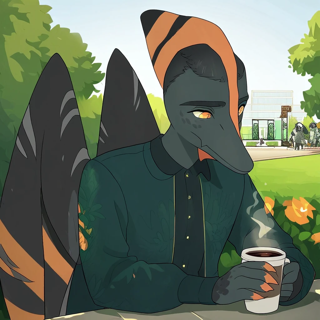 naser, head fin, chin fin, orange fingertips, striped wings, 1boy, score_9, score_8_up, score_7_up, score_6_up, masterpiece, high quality, solo, rating_safe, source_furry, outdoors, park, cup of coffee, holding cup of coffee