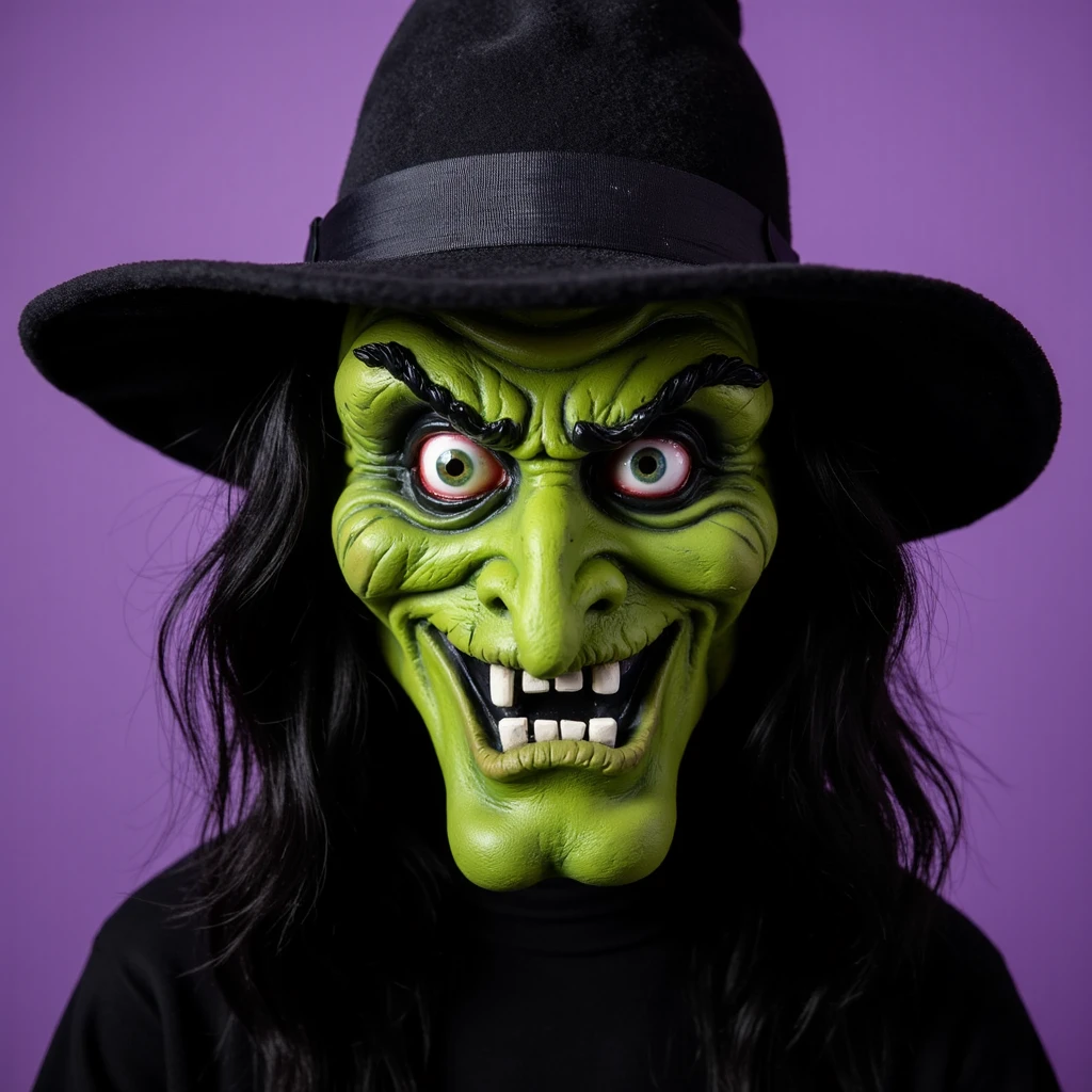 halloween mask, green witch, purple background, surreal horror, dario argento