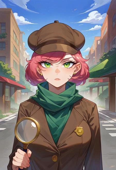 Masterpiece, High quality, OC, Female Adult woman, solo, 1girl, Detective woman, Short pink hair, Green eyes, Long Brown detective coat, brown Detective deerstalker hat, green scarf, black pants, serious face expression, looking through magnifying glass, Bending downward, Brooklyn streets, nighttime, Tall light pols, Fog