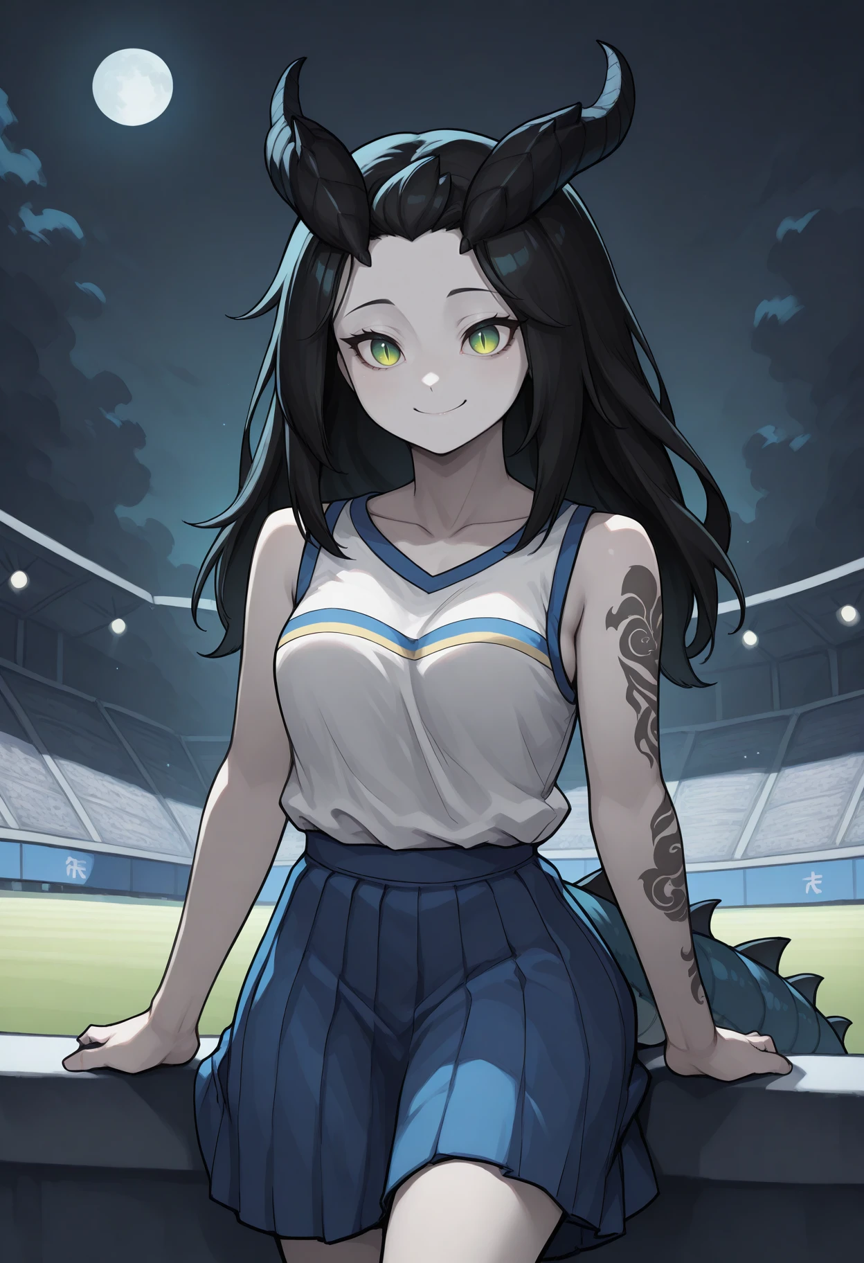 masterpiece, best quality, 1girl, solo, black hair, long hair, dragon horns, dragon tail, green eyes, slit pupils, arm tattoo, pale skin, medium breasts, HaruCheerUniform, sleeveless shirt, white shirt, collarbone, double horizontal stripe, blue skirt, outdoors, stadium, stadium lights, dark theme, night, moon, ambient firefly, smile, <lora:ChamHaruhiCheerIllustriousXL:1>