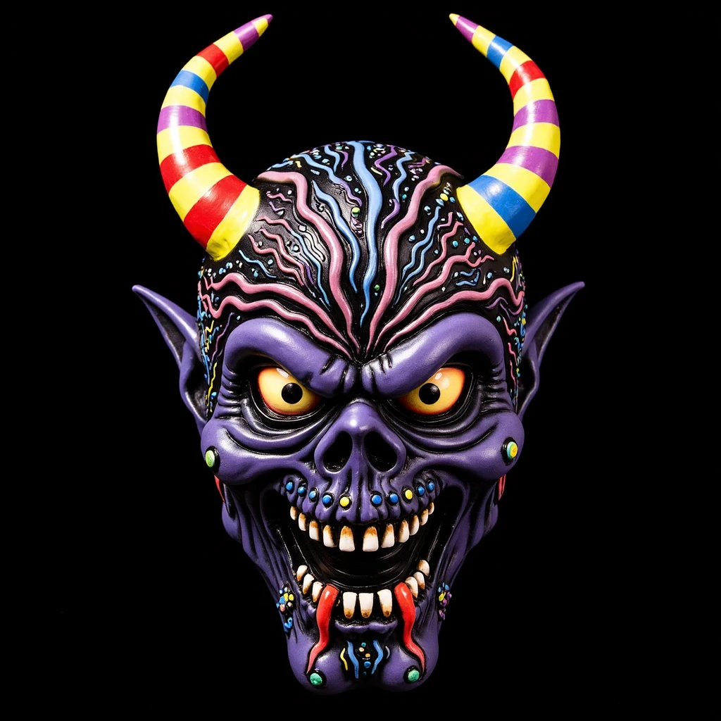 halloween mask, cybernetic demon with exposed circuitry, colorful striped horns