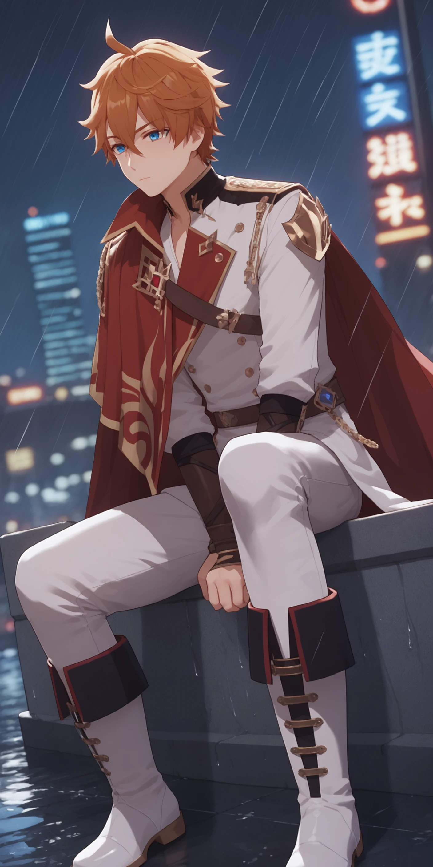 score_9, score_8_up, score_7_up, source_anime, rating_explicit, depth of field, city, kowloon, rain, 
sitting, knee up, 
 yydadaliya,  male focus, 1boy, solo, white boots, cape,    <lora:add-detail-xl:1>,<lora:yydadaliya:1>