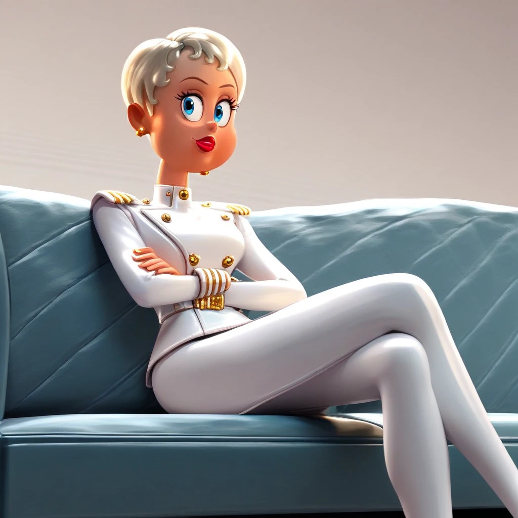 score_9, solo, ericka_vh, 1girl, short hair, platinum blonde hair, lipstick, blue eyes, uniform, earrings, sitting, sofa, crossed legs