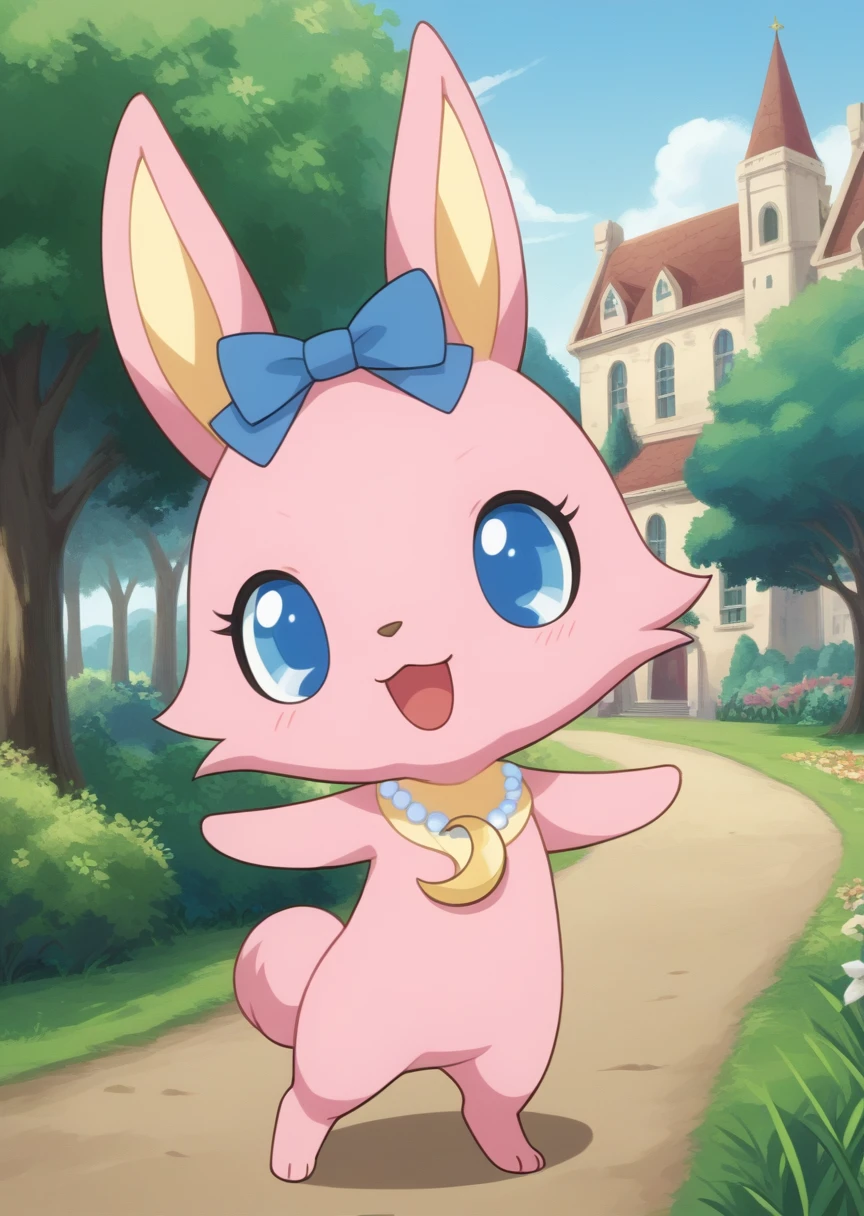 score_9, score_8_up, score_7_up, score_6_up, score_5_up, BREAK
Lun4, anthro, female, Jewelpet, solo, blue eyes, bow, jewelry, standing, full body, hair bow, necklace, gradient, no humans, castle, crescent, smile, happy, pink fur, looking at viewer, open mouth, park