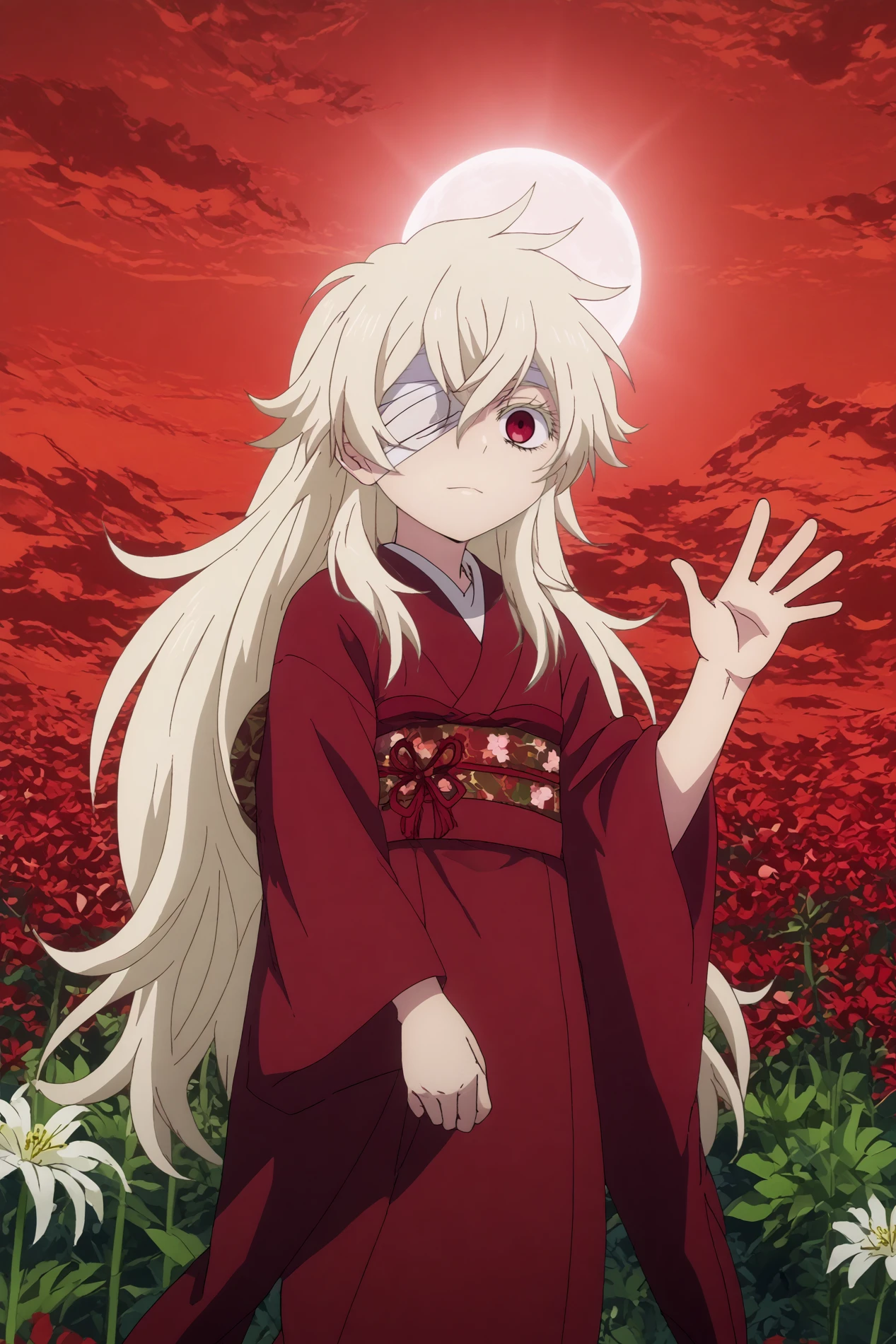  haine,1girl,solo,japanese clothes,kimono,sash,long hair,very long hair,looking at viewer,hair between eyes,red kimono,emotionless,bandages,eyepatch,waving,   BREAK outdoors,red sky,crescent_moon,spider lily flower field, red flower wreath,moon    <lora:Haine_-_Summer_Time_Rendering.safetensors:0.8> <lora:detailed_backgrounds_v2.safetensors:0.5> <lora:Spiderlily.safetensors:0.8>