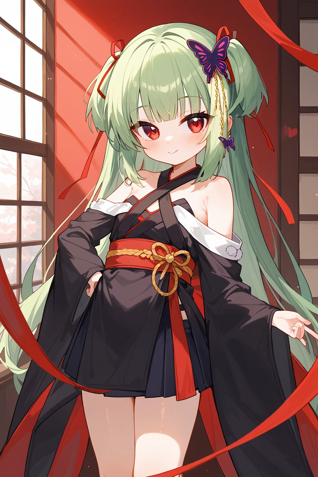 (score_9,score_8_up,score_7_up),<lora:congyu(Senren Banka)-v1-000008:0.8>,congyu(Senren*Banka),1girl,solo,chocolate,green hair,long hair,valentine,heart-shaped chocolate,japanese clothes,hair ornament,food,smile,very long hair,two side up,sash,obi,candy,kimono,heart-shaped box,hand on hip,skirt,bangs,butterfly hair ornament,holding,bare shoulders,red eyes,wide sleeves,box,ribbon,closed mouth,looking at viewer,hair ribbon,black kimono,heart,long sleeves,blush,detached sleeves,pleated skirtgood feet,anime,NSFW,expressive,amazing quality,ultra hd 32k,