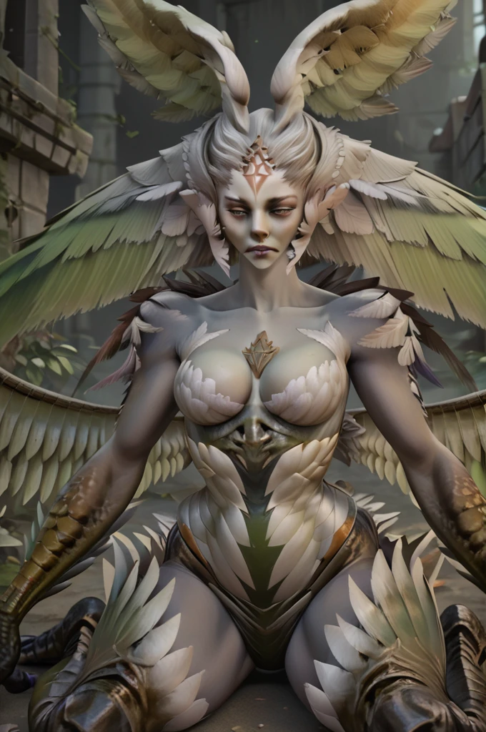 score_9, score_8_up, score_7_up, (garuda_xv, 1girl, monster girl), colored skin, head wings, wings, feathered wings, multiple wings, claws, talons, facial mark, breasts, (amber eyes), <lora:Garuda_FFXV:0.9>, standing, outdoors, ruins, (((sitting on ground))), bend one leg, zPDXL2, zPDXLpg, zPDXLrl, shaded, best quality, highly detailed, extreme detail, photorealistic