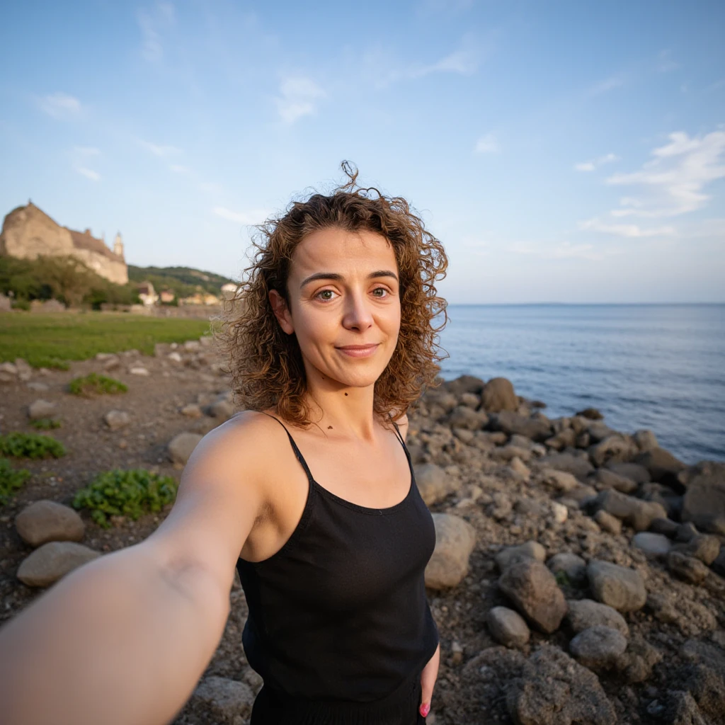 long shot scenic professional photograph of <lora:Sophie Hermans:1.8> Sophie Hermans, fisheye lens selfie, looking at viewer,, perfect viewpoint, highly detailed, wide-angle lens, hyper realistic, with dramatic sky, polarizing filter, natural lighting, vivid colors, everything in sharp focus, HDR, UHD, 64Kâââ