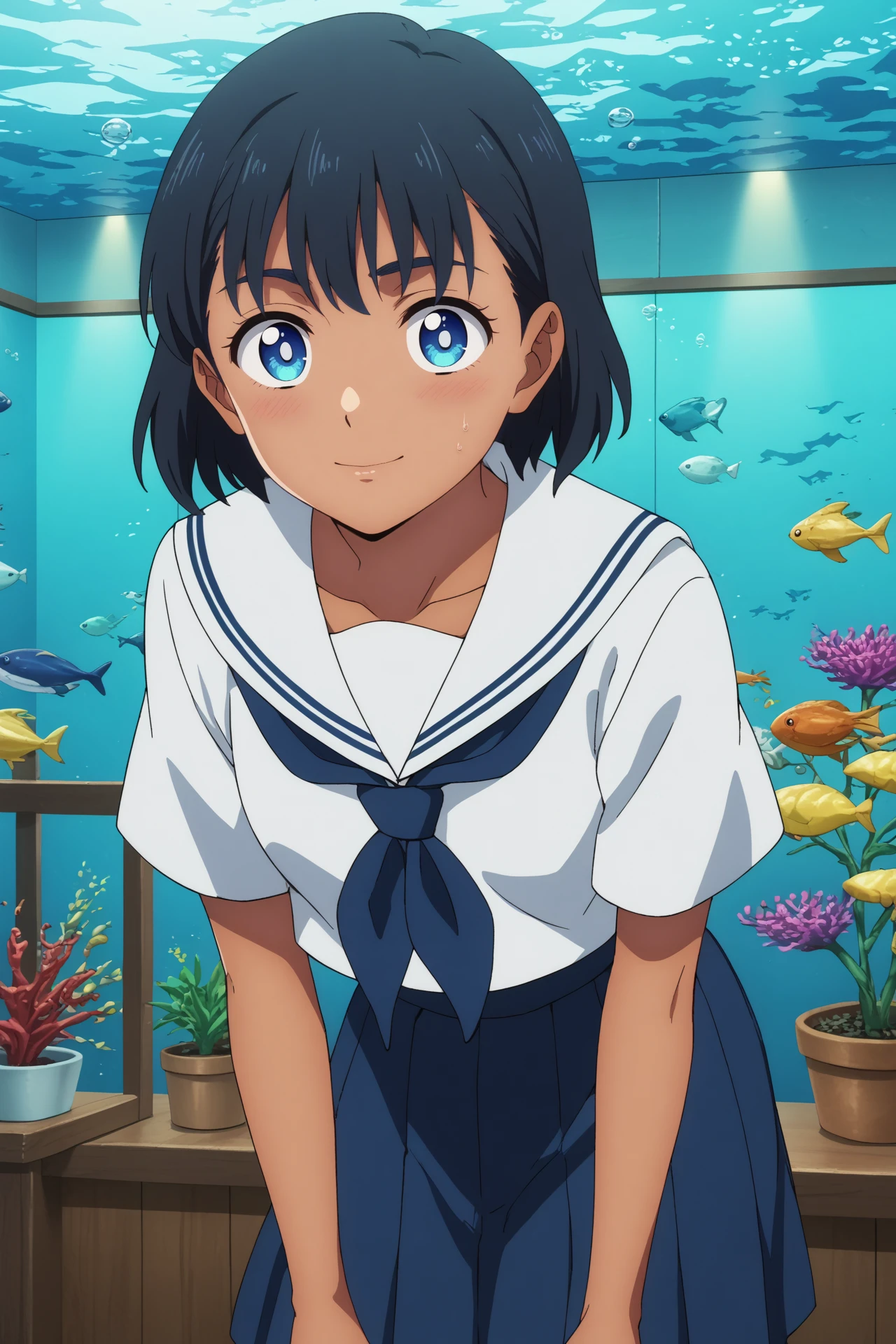 mio kofune,1girl,solo,short hair,school uniform,shirt,serafuku,dark skin,dark-skinned female,white shirt,closed mouth,skirt,white sailor collar,standing,hands behind the back,smile,upper body,looking at viewers,leaning forward

BREAK
ruanyi1155,aquarium,indoors,underwater



<lora:Mio_Kofune_-_Summer_Time_Rendering.safetensors:0.8>
<lora:detailed_backgrounds_v2.safetensors:0.5>
<lora:1155 aquarium_v1_pony.safetensors:1>