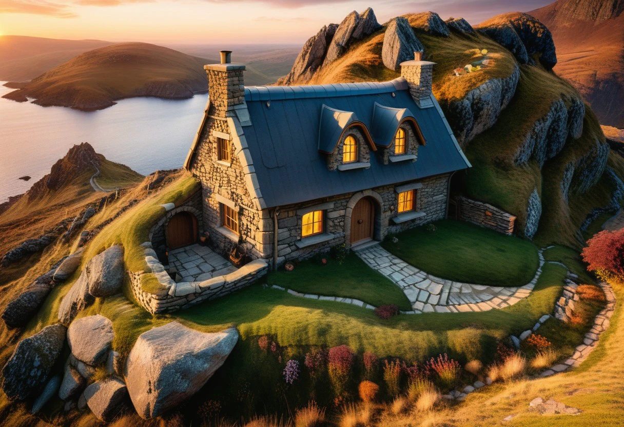 a stone house in a realistic style, blending into the environment, dug into the ground on a rock, in the foreground an evil wizard dusk,sunset,shadows,a sense of mysticism,bad magic,