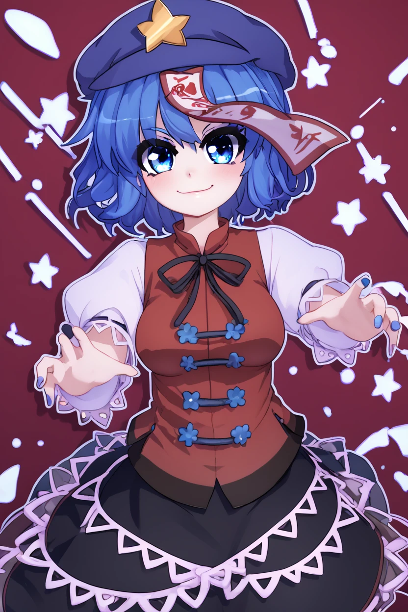 score_9, score_8_up, score_8, medium breasts, (curvy), cute, eyelashes,       ,,, , ,,, zzMiyako, blue eyes, blue hair, short hair, jiangshi, pale skin,  hat ornament, ofuda, star hat ornament, zombie pose, outstretched arms, black skirt, shirt <lora:MiyakoYoshika_Touhou_PDXL:1.0>,     ,,,, BREAK, smile, closed mouth, looking at viewer, cowboy shot,  ,,, embedding:zPDXL, Expressiveh, ,,, <lora:MantisStyle_PDXL_v2:0.8>, <lora:SDXLFaeTastic2400:0.5>, <lora:Expressive_H-000001:0.4>,