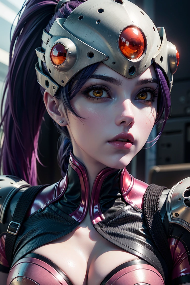 A stunning and intricate full color Ultra-HD portrait, young girl, long purple hair with ponytail, yellow eyes, perfectly detailed face,(head mounted visor), tight fitting pink and black armor, epic character composition, alessio albi, nina masic, sharp focus, natural lighting. . , subsurface dispersion, f2, 35mm,