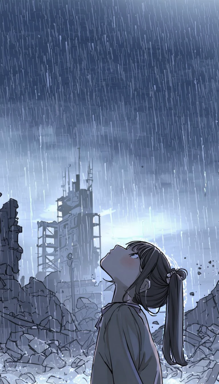 modern anime style, A girl with a despairing expression gazing up at the sky while standing in ruins during rainfall