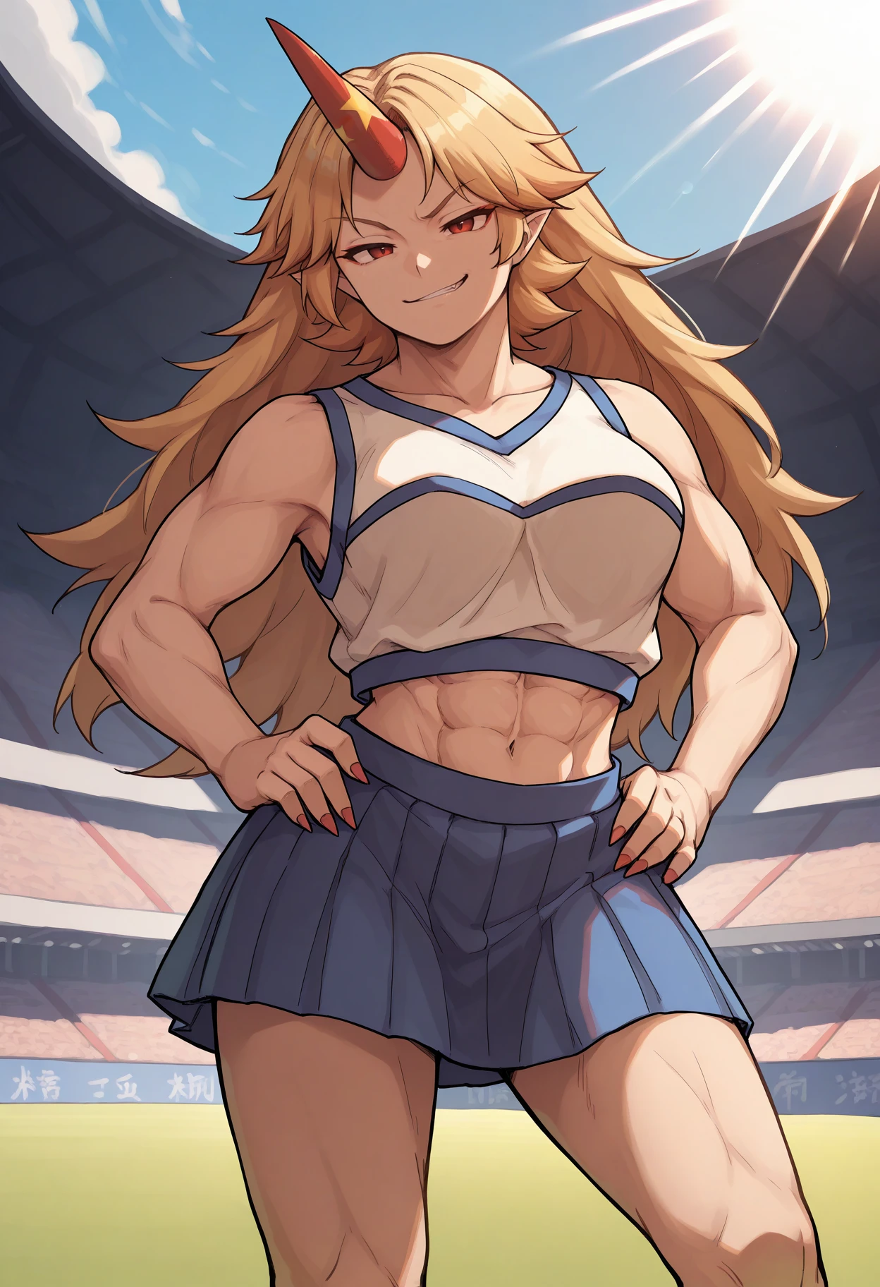 masterpiece, best quality, 1girl, solo, hoshiguma yuugi, oni, single red horn, HaruCheerUniform, sleeveless shirt, white shirt, collarbone, double horizontal stripe, blue skirt, miniskirt, midriff, abs, smirk, hands on hips, contrapposto, outdoors, stadium, light rays, sun, <lora:ChamHaruhiCheerIllustriousXL:1>