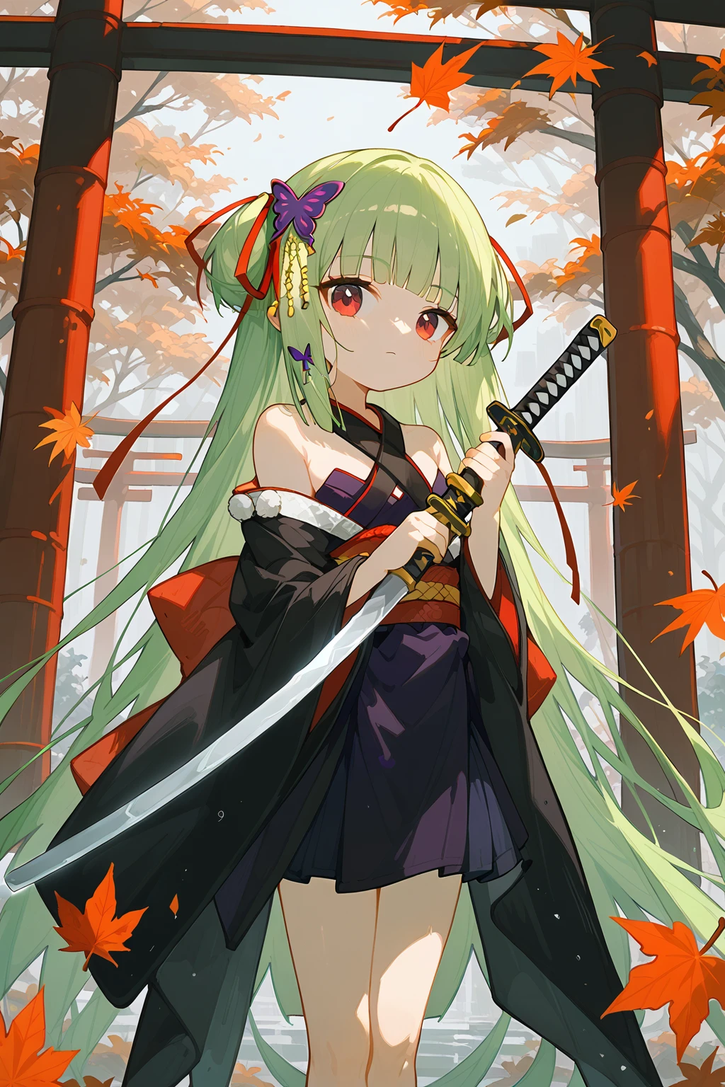 (score_9,score_8_up,score_7_up),<lora:congyu(Senren Banka)-v1:1>,congyu(Senren*Banka),1girl,weapon,sword,green hair,solo,long hair,red eyes,hair ornament,katana,japanese clothes,holding,holding weapon,bangs,holding sword,looking at viewer,kimono,blunt bangs,leaf,very long hair,ribbon,outdoors,butterfly hair ornament,bare shoulders,sash,wide sleeves,autumn leaves,closed mouth,sheath,red ribbon,torii,black kimono,tree,hair ribbon,long sleeves,shimenawa,
good feet,anime,NSFW,expressive,amazing quality,ultra hd 32k,