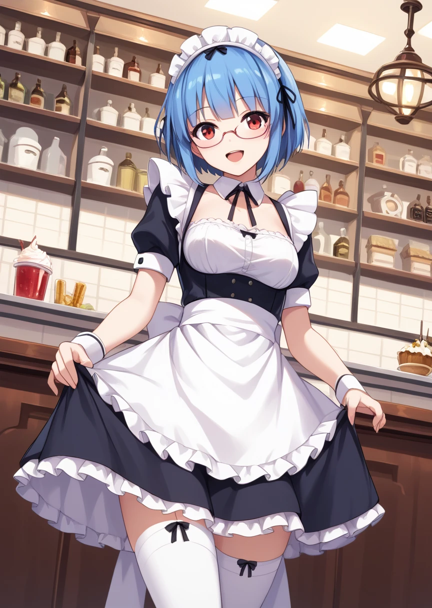 score_9, score_8_up, score_7_up, score_6_up, score_5_up, BREAK
s4ra, human, female, 1girl, solo, short hair, open mouth, red eyes, blue hair, hairband, glasses, , cafe, maid dress, maid headdress, thighhighs, standing, upper body, smile, happy