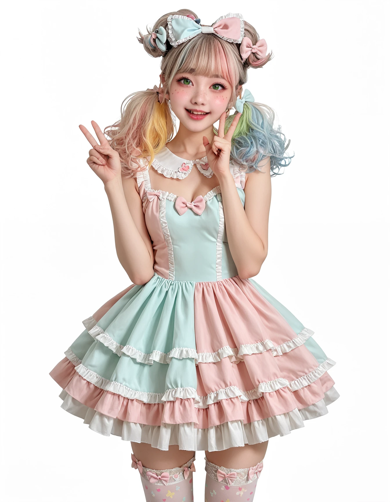 score_9, score_8_up, score_7_up, source_anime, realistic,  (((1girl))), (((solo))), 20 year old woman, head tilt, peace hand,  mouth open smile, teeth, ((adorable kawaii twintails, multicolored hair, large hair bow)), big hair, (adorable Harajuku dress), mini dress, dress bow, pastel paterned kawaii dress, ((patterned thighhighs)), green eyes,gradient eyes, (freckles), medium breasts, (white background), thicc thighs, wide hips, big ass, kawaii make_up, (cheek blusher:1.1) long eye lashes, (puffy lips:1.1), (((no tail))),  BREAK chiaroscuro,skin caustics,volumetric lighting,rim light,key light,fill light,light particles,exceptional