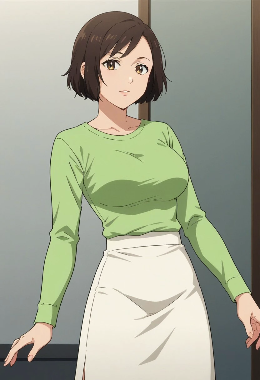 score_9, score_8_up, score_7_up, source_anime, anime screencap, ogawara, 1girl, solo, short hair, brown hair, bob cut, brown eyes, black hair, brown hair, shirt, long sleeves, skirt, pants, green long sleeves, green shirt, black pants, white skirt, large breasts, sexy pose,