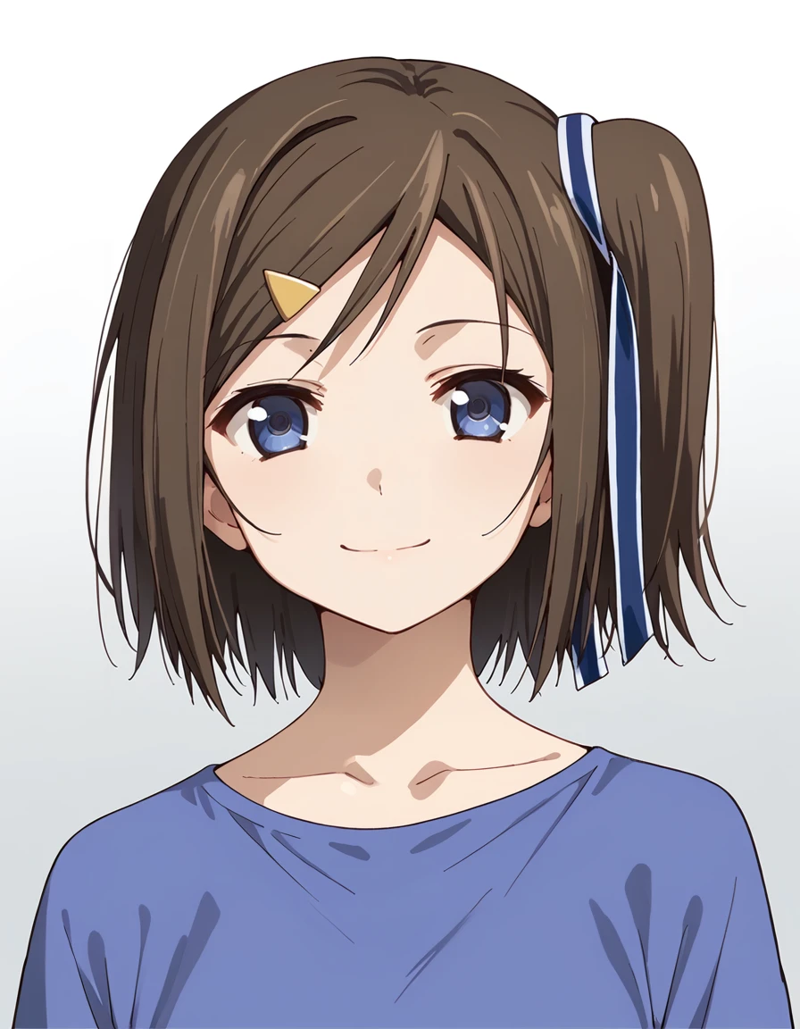 score_9, score_8_up, score_7_up, source_anime, BREAK
1girl, solo, looking at viewer, gradient background, upper body,
hatsuna wakabayashi, short hair, one side up, side ponytail, hairclip, hair ribbon, dark blue eyes,
casual outfit, blue shirt,
light smile, collarbone,
<lora:hatsuna_wakabayashi_anime-soralz:1>