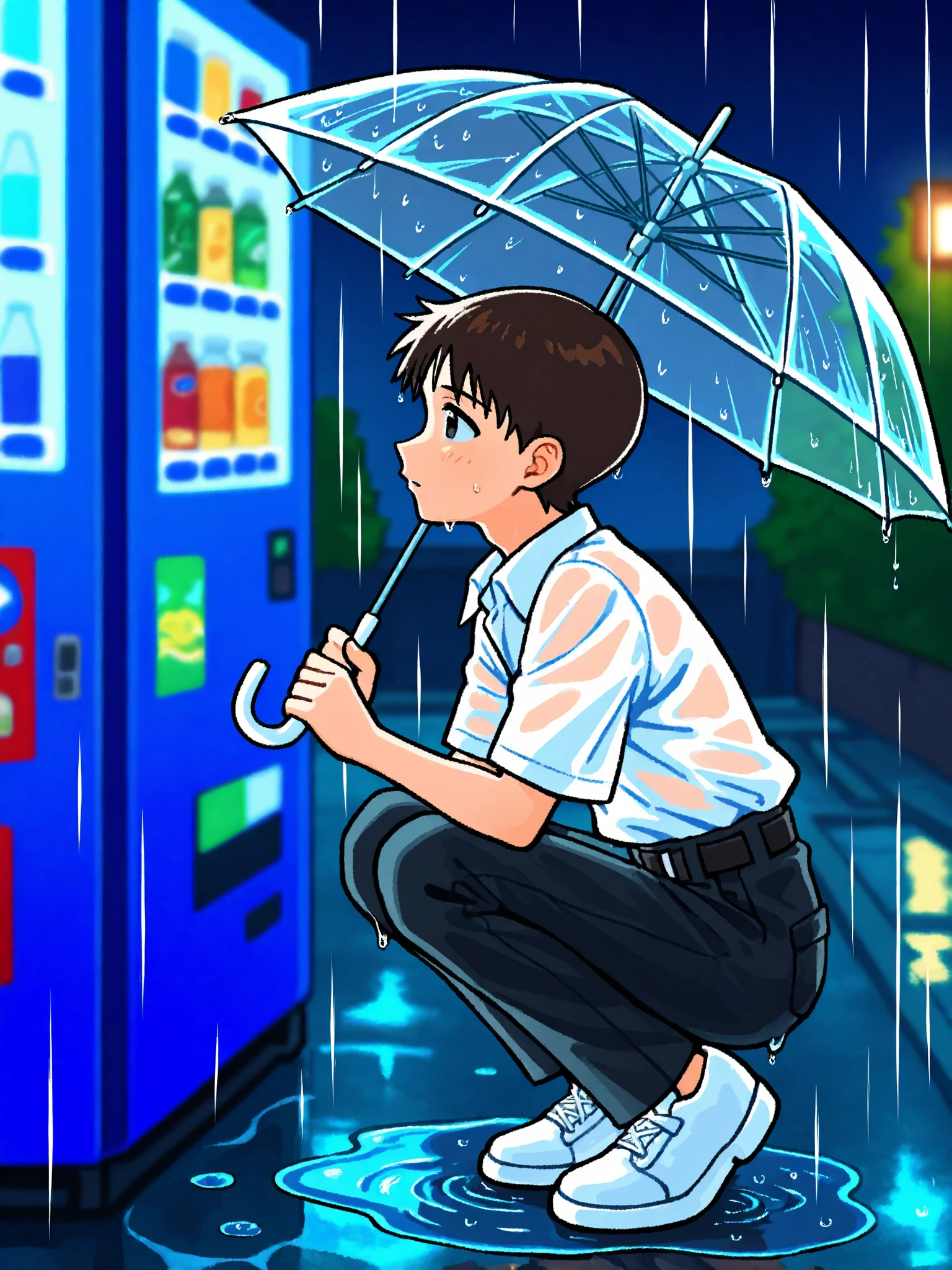 omufujoshi,

BREAK, 1boy, ikari shinji, brown hair, white shirt, collared shirt,  black pants, belt,  white footwear, pocket, shirt tucked in,

vending machine, convenience store, night, street lights, outdoors, blurry background, rain, puddle, wet clothes, umbrella, holding umbrella, transparent umbrella, 

from side, full body, squatting, looking ahead, 