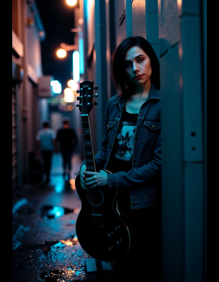 cinematic, cinematic lighting,.ultra realistic, ultra defined textures and colors, shot in the style of Sony Alpha A7 III, a candid of a woman, <lora:pjharvey:1> pharvey, pjhy, pjharv,  looking at the viewer,  a beautiful woman In a dimly lit alley after rain, sheâs dressed in a distressed, oversized denim jacket with a dark graphic tee and combat boots, embodying a raw, alternative aesthetic. She stands with one foot against the wall,  and head tilted slightly to the side. She's holding a black acoustic guitar, scenery colors: orange, brown, gold, yellow, A 50mm lens captures the neon reflections in the puddles around her, while deep blue and magenta gels illuminate her from opposite sides. Raindrops on her jacket and skin enhance the sceneâs gritty texture, with a soft spotlight on her face for added contrast, detailed skin texture, (blush:0.5), (goosebumps:0.5), subsurface scattering, Photorealistic, Hyperrealistic, Hyperdetailed, analog style, soft lighting, subsurface scattering, realistic, heavy shadow, masterpiece, best quality, ultra realistic, 8k, golden ratio, Intricate, High Detail, film photography, soft focus