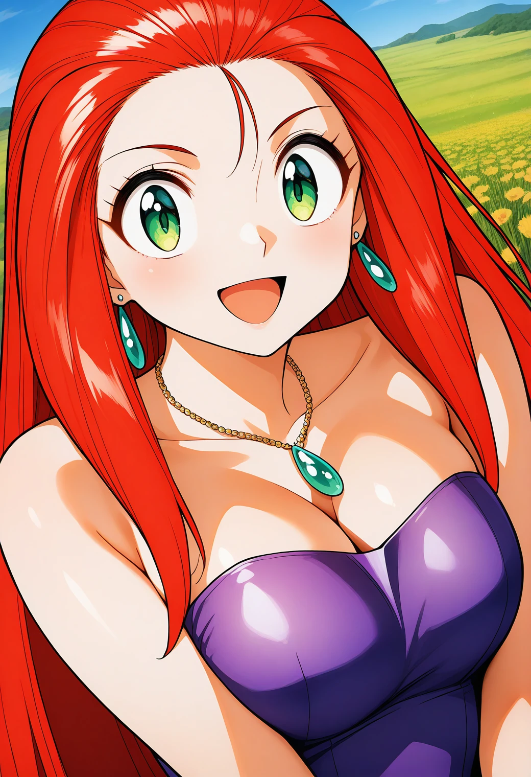 smile
mikami_reiko, green eyes, red hair, long hair, forehead, earrings, necklace, cleavage, bare arms, purple dress, short dress, strapless dress, tube dress, <lora:gs_mikami_reiko_illustrious_ver1:0.8>, masterpiece, best quality, general,, 1girl, solo, (field:1.2), (blue sky:1.2), looking at viewer,, (upper body:1.2), (close-up:1.2), (facing viewer:1.2), (open eyes:1.4), (portrait:1.2)