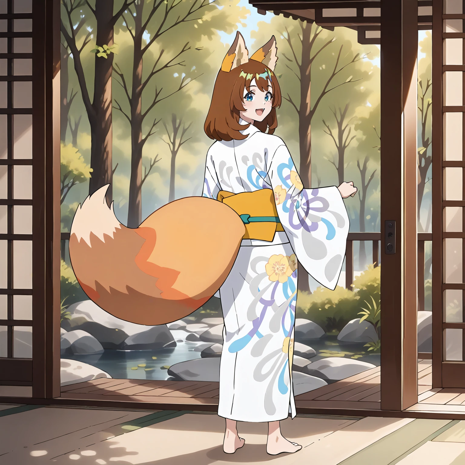 <lora:DG_Dongitsune5XLpony001>,
outdoors,nature,
smile,open mouth,
solo,
Dongitsune5,1girl,brown hair,fox ears,medium hair,blue eyes,
yukata,obi,
fox tail,
full body,standing,looking back,from behind,