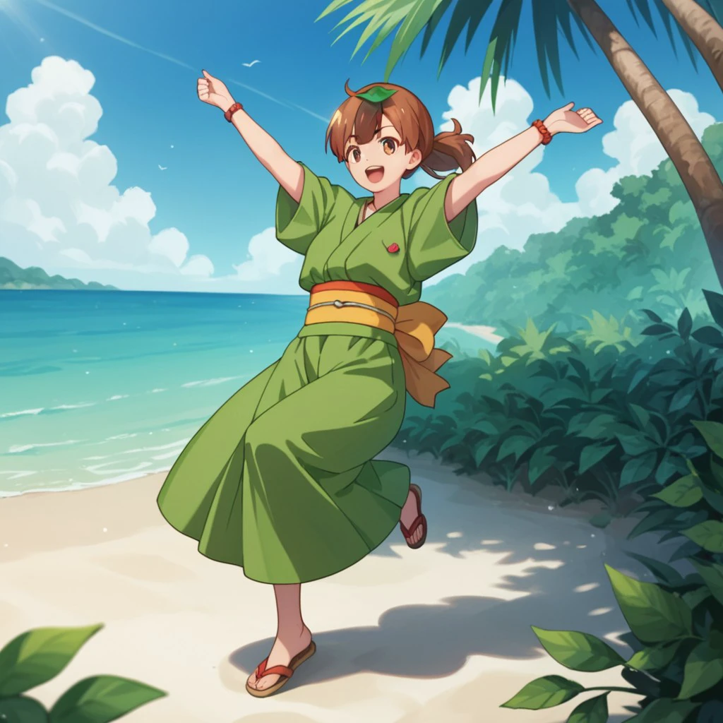 score_9, score_8_up, score_7_up, score_6_up, score_5_up, score_4_up, source_anime ,mamedatan, human, female, brown hair, brown eyes, leaf on head, green kimono, dancing, on a beach, <lora:22dad5bf-46de-4cf4-9044-4800f87d16c9:0.7>