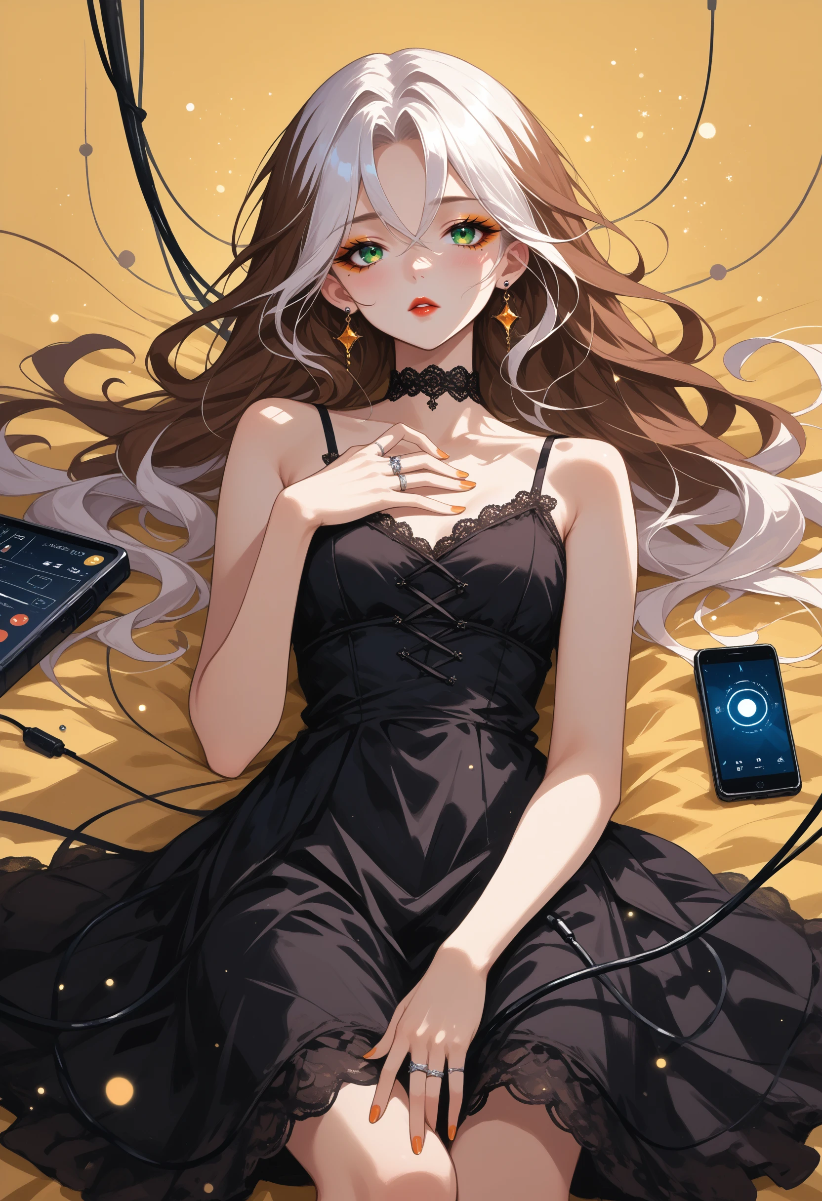 score_9, score_8_up, score_7_up, source_anime, 
<lora:wrenchDreamInkb2:1>, wrnchDreamInk, abstract, 
1girl, bare arms, bare shoulders, bed sheet, between fingers, black dress, blurry, breasts, brown hair, cable, choker, corded phone, depth of field, dress, earrings, fingernails, green eyes, hair between eyes, hand on own chest, holding, holding phone, jewelry, light particles, lipstick, long hair, looking at viewer, looking to the side, lying, makeup, multicolored hair, nail polish, on back, on bed, orange nails, parted lips, phone, ring, sleeveless, solo, spaghetti strap, streaked hair, virtual youtuber, white hair, yellow background,