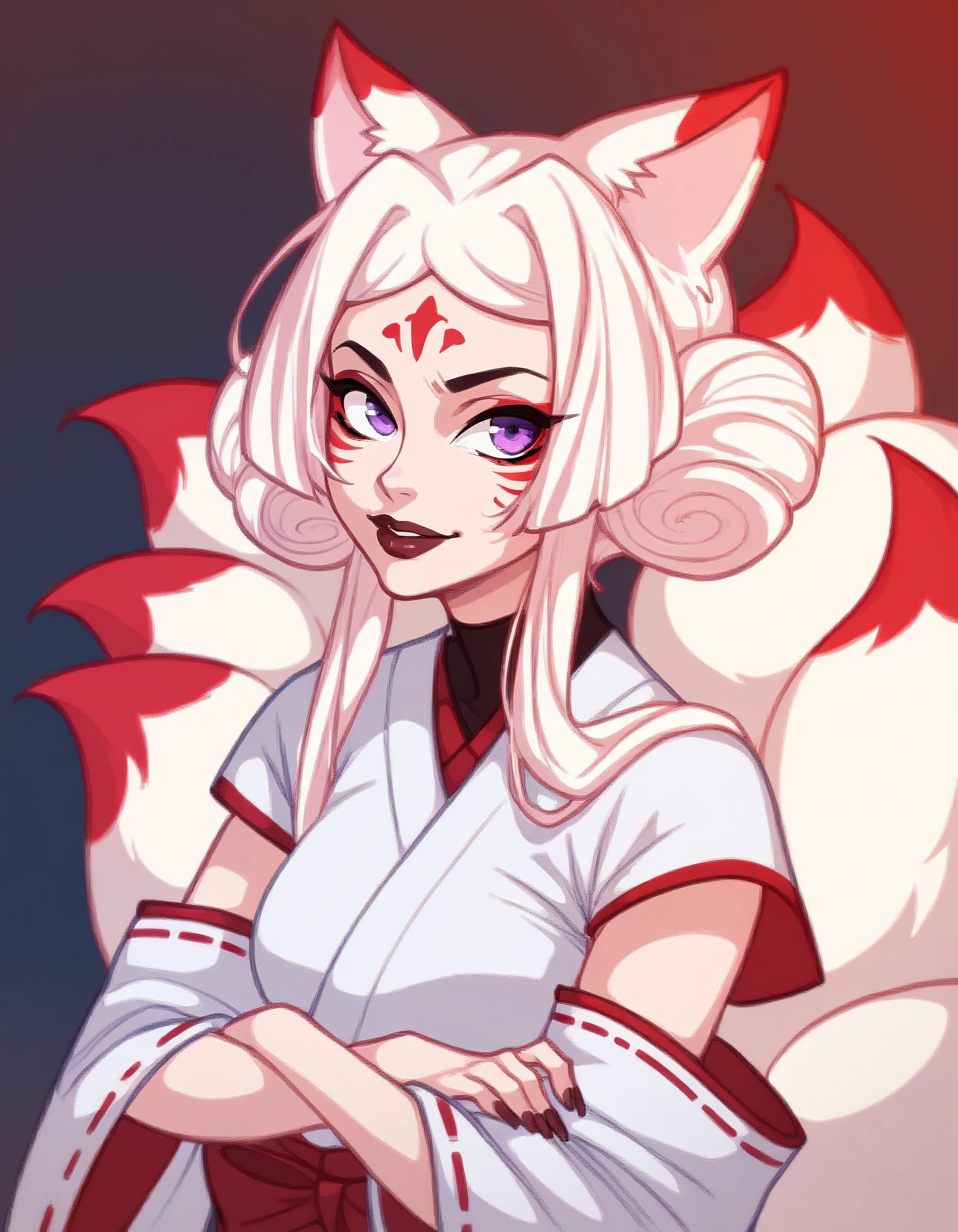 score_9, score_8_up, score_7_up, score_6_up
High_Priestess_Kumiko, white hair, animal ears, red makeup, white kimono, purple eyes, white fox tails, gradient background, looking at viewer, crossed arms, portrait, brown lipstick
<lora:High_Priestess_Kumiko_XL:0.9>