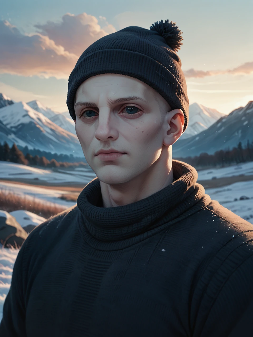 score_9, score_8_up, score_7_up, score_6_up, 3n61n33r, pale skin, black sclera, bald, knit cap, field, rock, snow, winter, half body portrait, depth of field, blue colors, cinematic lighting, aesthetic